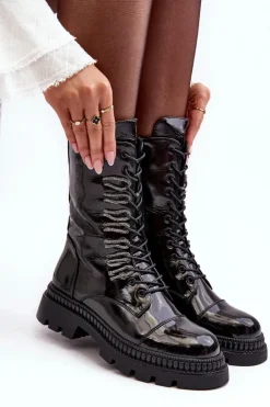 Damskie Damskie buty S.Barski Lakierowane Damskie Botki Workery Sznurowane Czarne S.Barski MR870-72