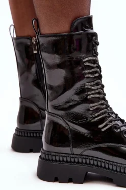 Damskie Damskie buty S.Barski Lakierowane Damskie Botki Workery Sznurowane Czarne S.Barski MR870-72