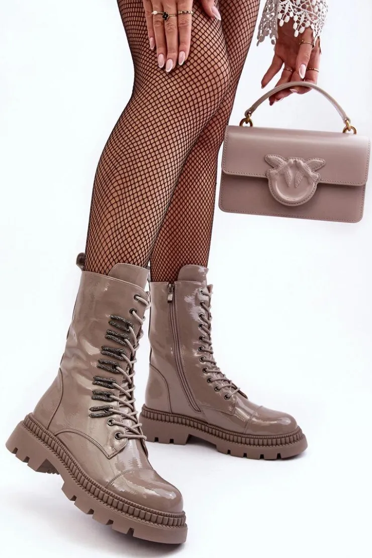 Best Damskie buty S.Barski Lakierowane Damskie Botki Workery Sznurowane Ciemnobeżowe S.Barski MR870-72