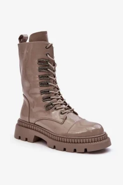 Best Damskie buty S.Barski Lakierowane Damskie Botki Workery Sznurowane Ciemnobeżowe S.Barski MR870-72