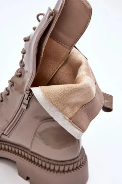 Best Damskie buty S.Barski Lakierowane Damskie Botki Workery Sznurowane Ciemnobeżowe S.Barski MR870-72