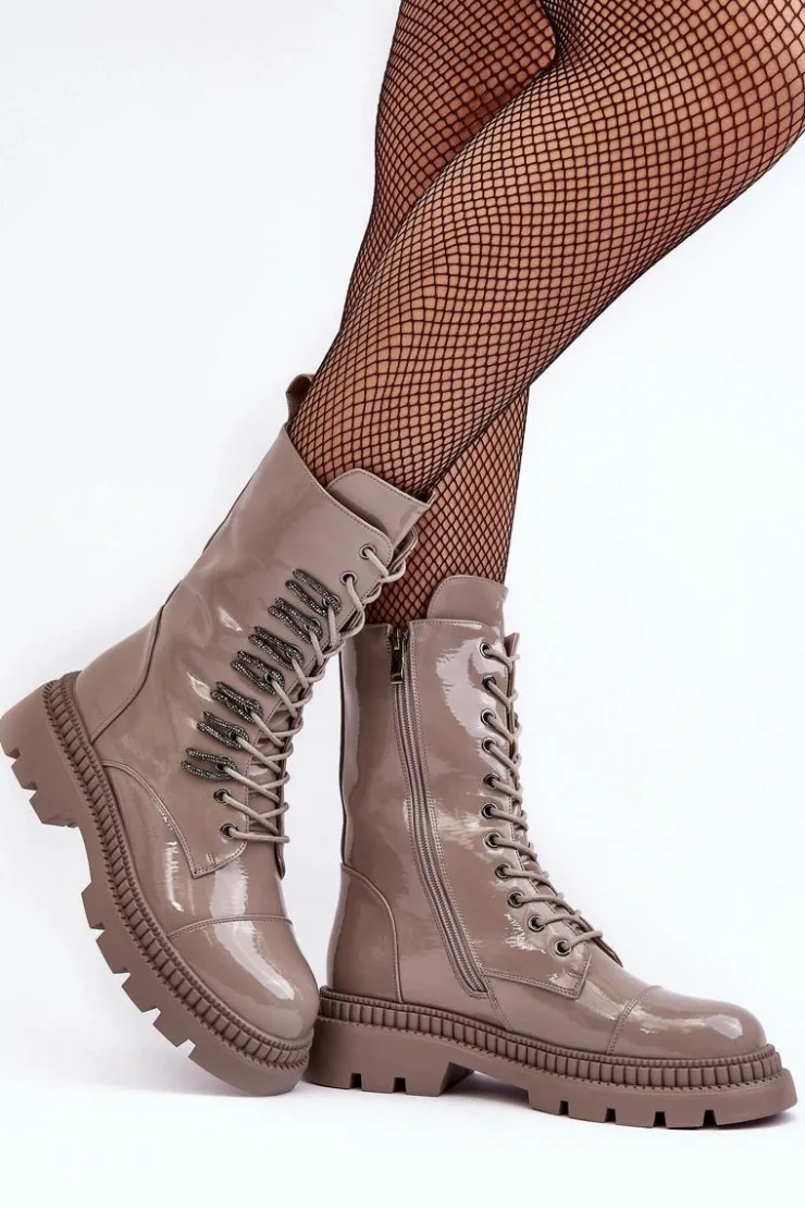 Best Damskie buty S.Barski Lakierowane Damskie Botki Workery Sznurowane Ciemnobeżowe S.Barski MR870-72