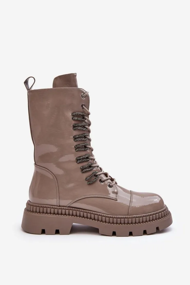 Best Damskie buty S.Barski Lakierowane Damskie Botki Workery Sznurowane Ciemnobeżowe S.Barski MR870-72