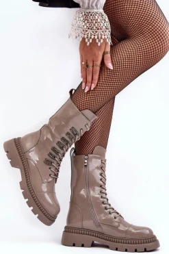 Best Damskie buty S.Barski Lakierowane Damskie Botki Workery Sznurowane Ciemnobeżowe S.Barski MR870-72