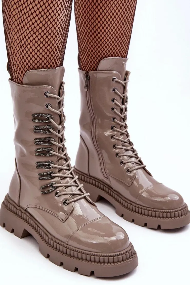 Best Damskie buty S.Barski Lakierowane Damskie Botki Workery Sznurowane Ciemnobeżowe S.Barski MR870-72