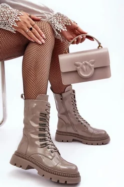 Best Damskie buty S.Barski Lakierowane Damskie Botki Workery Sznurowane Ciemnobeżowe S.Barski MR870-72