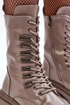 Best Damskie buty S.Barski Lakierowane Damskie Botki Workery Sznurowane Ciemnobeżowe S.Barski MR870-72