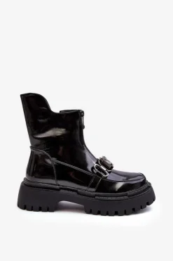 Damskie buty S.Barski Botki Ocieplane|Botki Zimowe Damskie*Lakierowane Damskie Botki Na Suwak D&A MR870-94 Czarne