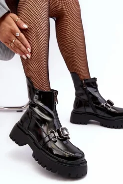 Damskie buty S.Barski Botki Ocieplane|Botki Zimowe Damskie*Lakierowane Damskie Botki Na Suwak D&A MR870-94 Czarne