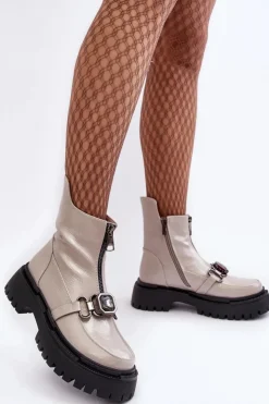 Damskie Damskie buty S.Barski Lakierowane Damskie Botki Na Suwak D&A MR870-94 Jasnoszare