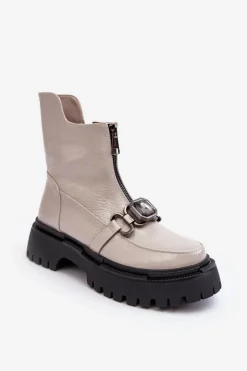 Damskie Damskie buty S.Barski Lakierowane Damskie Botki Na Suwak D&A MR870-94 Jasnoszare