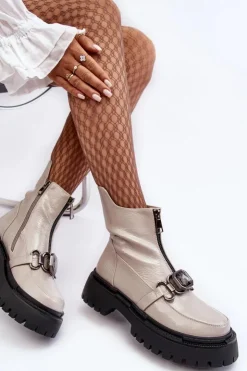 Damskie Damskie buty S.Barski Lakierowane Damskie Botki Na Suwak D&A MR870-94 Jasnoszare