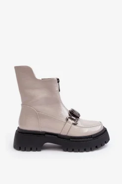 Damskie Damskie buty S.Barski Lakierowane Damskie Botki Na Suwak D&A MR870-94 Jasnoszare