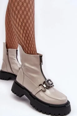 Damskie Damskie buty S.Barski Lakierowane Damskie Botki Na Suwak D&A MR870-94 Jasnoszare