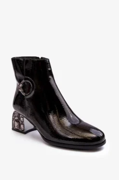 Damskie Damskie buty S.Barski Lakierowane Damskie Botki Na Zdobionym Obcasie D&A MR870-93 Czarne