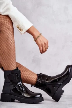 Damskie Boto Lakierowane Damskie Botki Na Suwak Czarne Gritta