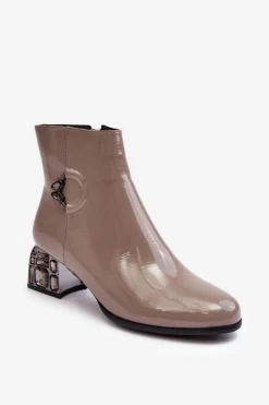 Damskie buty S.Barski Botki Na Słupku|Botki Zimowe Damskie*Lakierowane Damskie Botki Na Zdobionym Obcasie D&A MR870-93 Szare