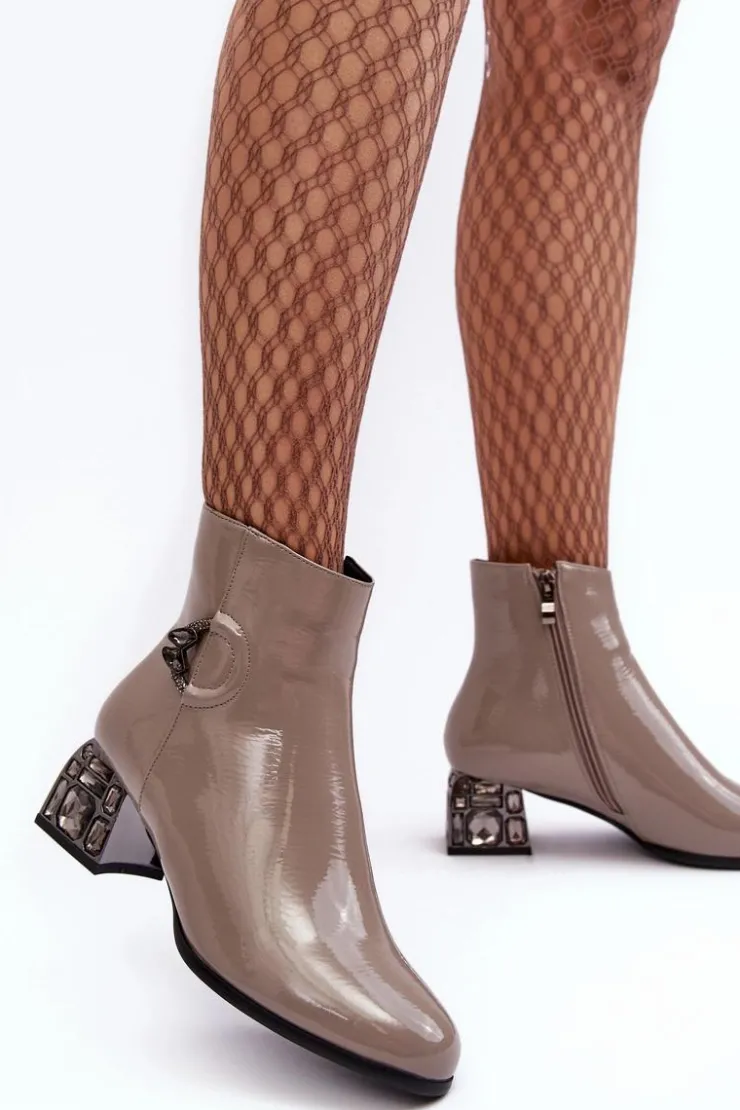 Damskie buty S.Barski Botki Na Słupku|Botki Zimowe Damskie*Lakierowane Damskie Botki Na Zdobionym Obcasie D&A MR870-93 Szare