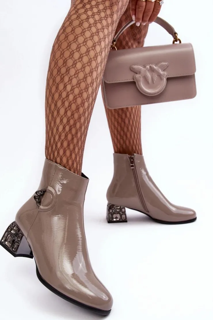 Damskie buty S.Barski Botki Na Słupku|Botki Zimowe Damskie*Lakierowane Damskie Botki Na Zdobionym Obcasie D&A MR870-93 Szare