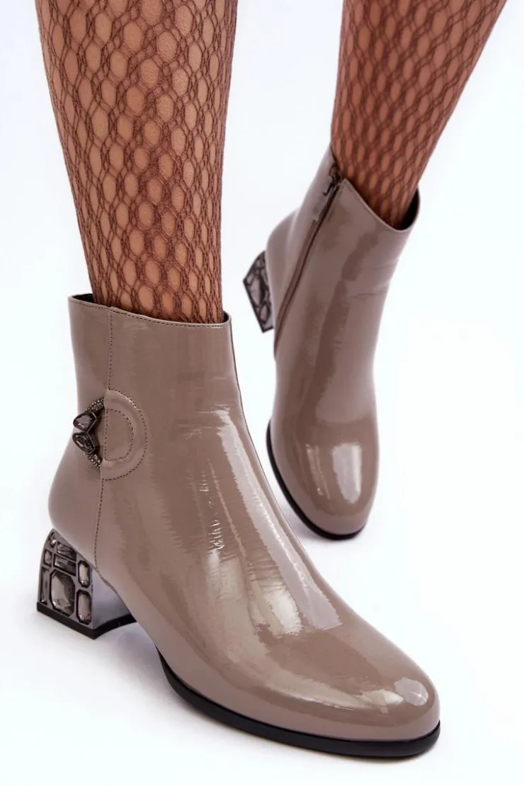 Damskie buty S.Barski Botki Na Słupku|Botki Zimowe Damskie*Lakierowane Damskie Botki Na Zdobionym Obcasie D&A MR870-93 Szare