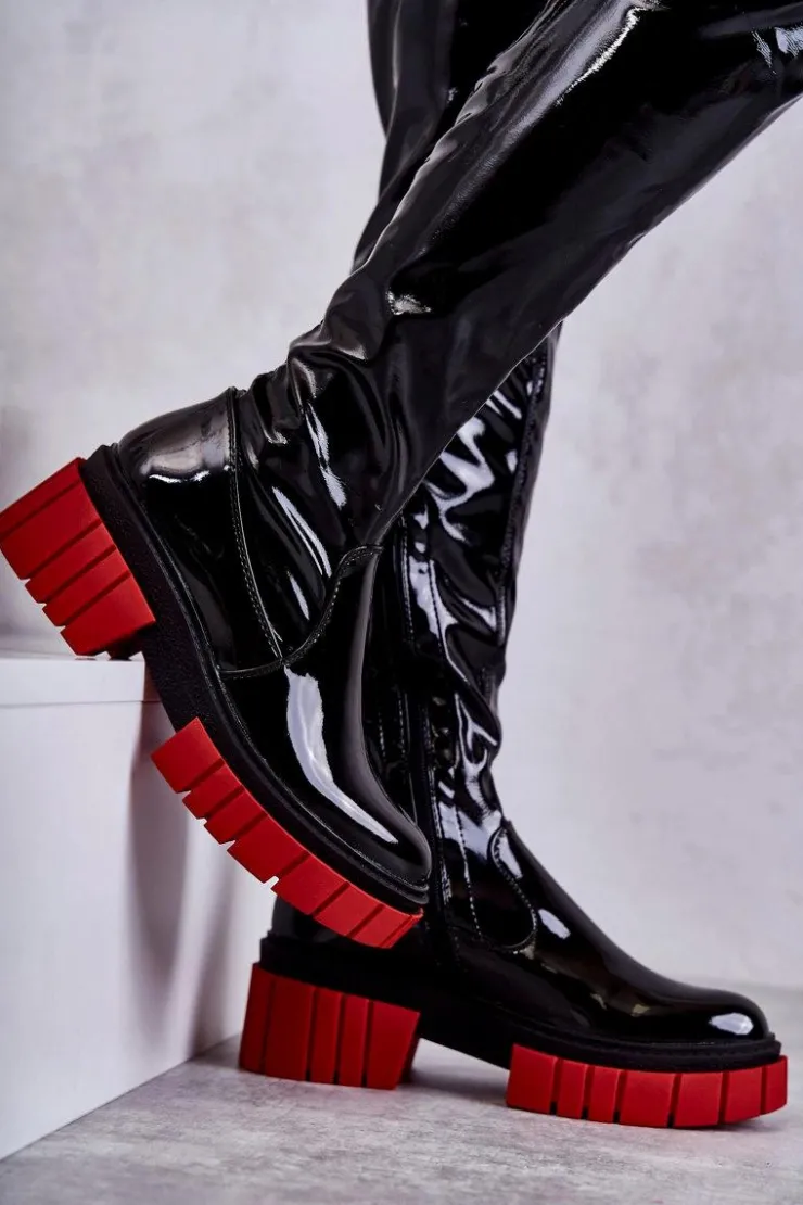Damskie Boto Lakierowane Damskie Kozaki Za Kolano Czarne Callen