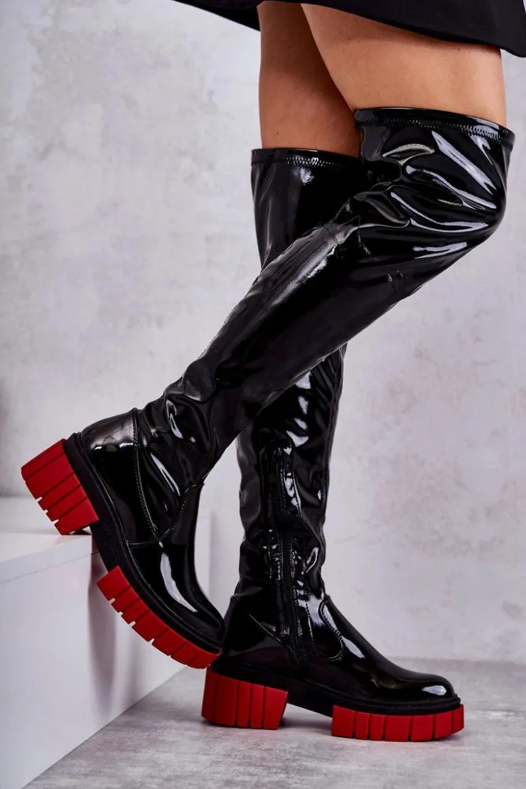 Damskie Boto Lakierowane Damskie Kozaki Za Kolano Czarne Callen