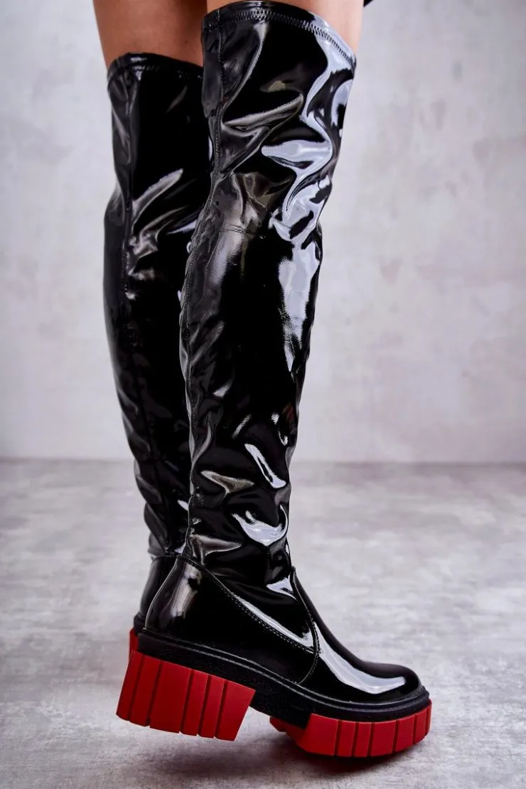 Damskie Boto Lakierowane Damskie Kozaki Za Kolano Czarne Callen