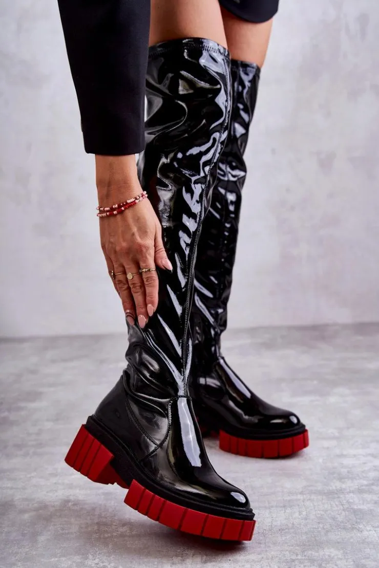 Damskie Boto Lakierowane Damskie Kozaki Za Kolano Czarne Callen