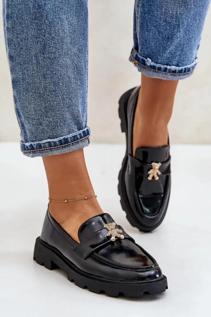 Online Boto Lakierowane Damskie Mokasyny Z Misiem Czarne Kaithra