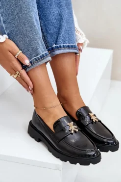 Online Boto Lakierowane Damskie Mokasyny Z Misiem Czarne Kaithra