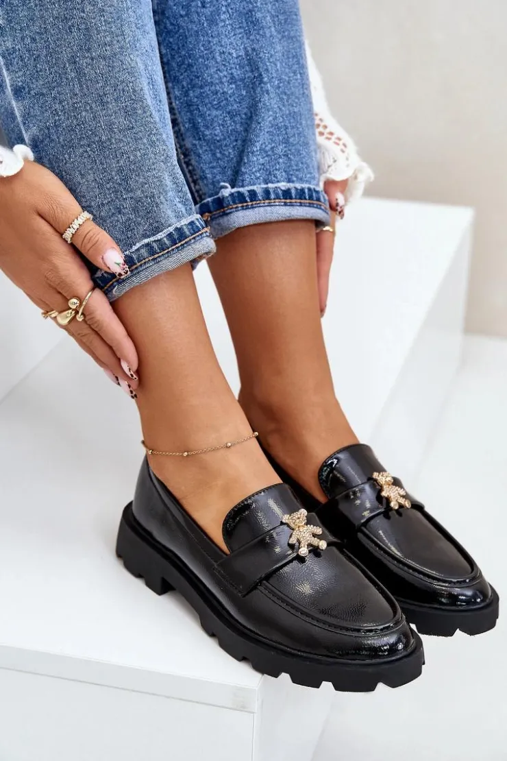 Online Boto Lakierowane Damskie Mokasyny Z Misiem Czarne Kaithra