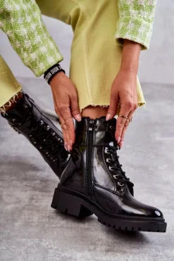 Hot Boto Lakierowane Damskie Ocieplane Botki Z Ozdobą Czarne Hayes