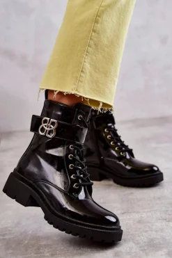 Hot Boto Lakierowane Damskie Ocieplane Botki Z Ozdobą Czarne Hayes