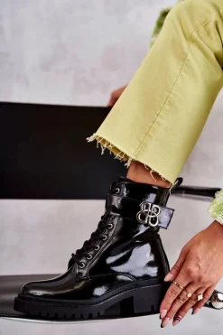 Hot Boto Lakierowane Damskie Ocieplane Botki Z Ozdobą Czarne Hayes