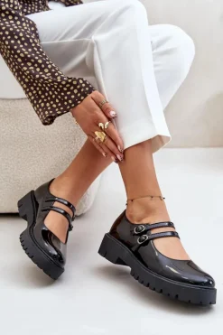 Boto Półbuty Skórzane*Lakierowane Damskie Półbuty Z Paskami Czarne Rialuna Czarny