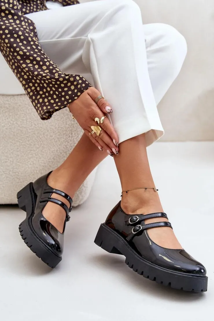 Boto Półbuty Skórzane*Lakierowane Damskie Półbuty Z Paskami Czarne Rialuna Czarny