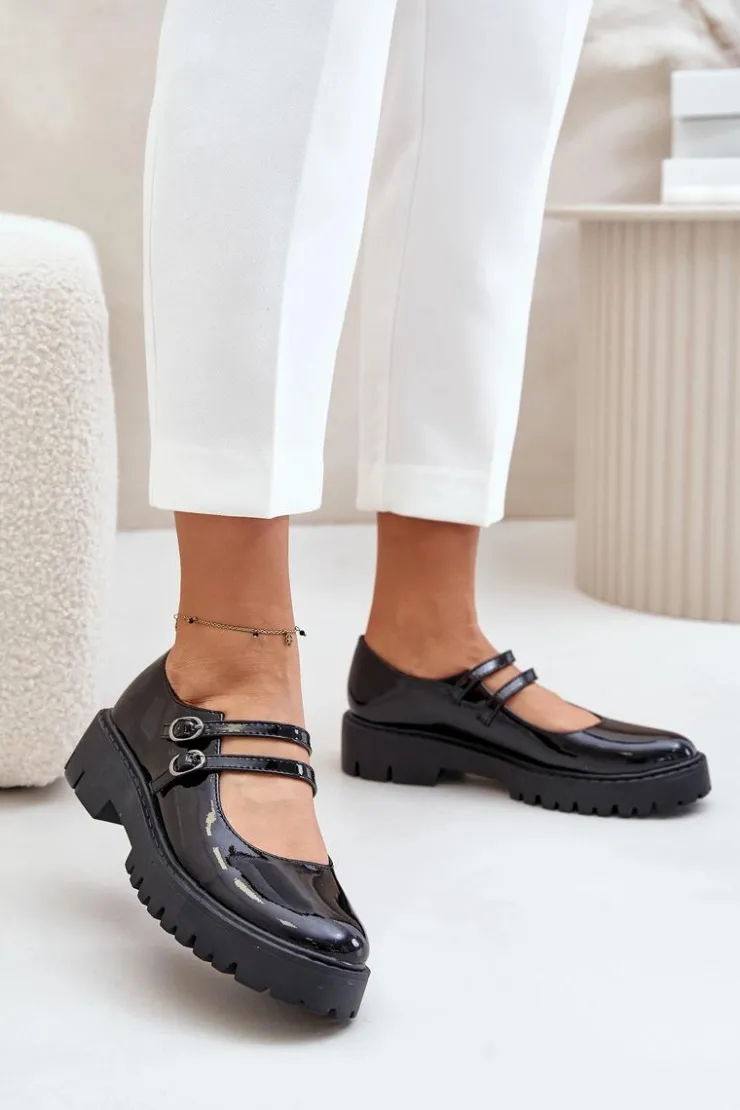 Boto Półbuty Skórzane*Lakierowane Damskie Półbuty Z Paskami Czarne Rialuna Czarny