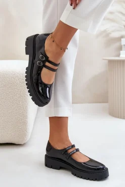 Boto Półbuty Skórzane*Lakierowane Damskie Półbuty Z Paskami Czarne Rialuna Czarny