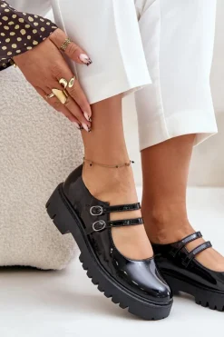 Boto Półbuty Skórzane*Lakierowane Damskie Półbuty Z Paskami Czarne Rialuna Czarny