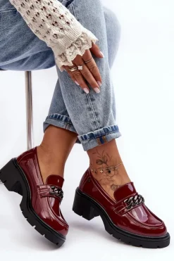 Hot Boto Lakierowane Damskie Półbuty Na Niskim Obcasie Bordowe Blimma