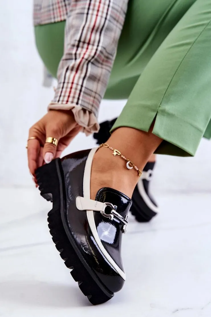 Damskie Damskie buty S.Barski Lakierowane Damskie Półbuty Loafery Czarno-Białe Cassida