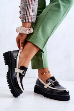 Damskie Damskie buty S.Barski Lakierowane Damskie Półbuty Loafery Czarno-Białe Cassida