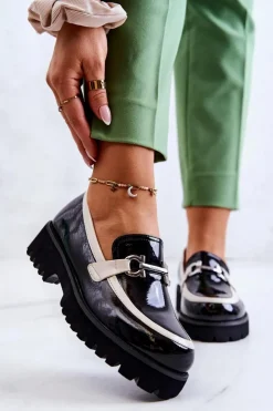 Damskie Damskie buty S.Barski Lakierowane Damskie Półbuty Loafery Czarno-Białe Cassida