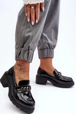 Damskie Boto Lakierowane Damskie Półbuty Na Niskim Obcasie Czarne Blimma