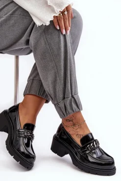 Damskie Boto Lakierowane Damskie Półbuty Na Niskim Obcasie Czarne Blimma