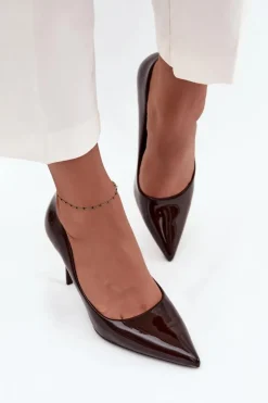 Boto Czółenka Klasyczne*Lakierowane Eko Skórzane Szpilki Damskie Ze Szpiczastymi Noskami Czekoladowe Jadira