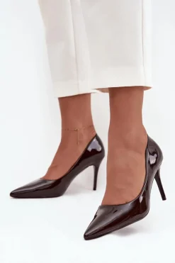 Boto Czółenka Klasyczne*Lakierowane Eko Skórzane Szpilki Damskie Ze Szpiczastymi Noskami Czekoladowe Jadira