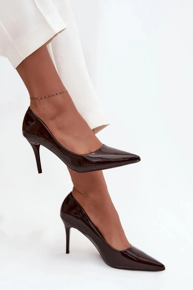 Boto Czółenka Klasyczne*Lakierowane Eko Skórzane Szpilki Damskie Ze Szpiczastymi Noskami Czekoladowe Jadira