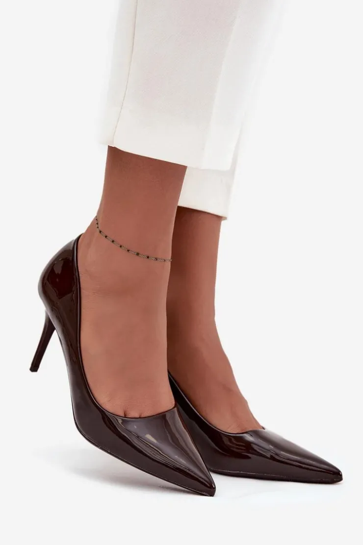 Boto Czółenka Klasyczne*Lakierowane Eko Skórzane Szpilki Damskie Ze Szpiczastymi Noskami Czekoladowe Jadira