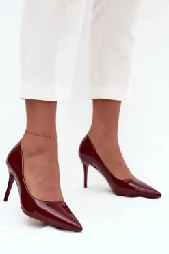 Boto Czółenka Klasyczne*Lakierowane Eko Skórzane Szpilki Damskie Ze Szpiczastymi Noskami Bordowe Jadira